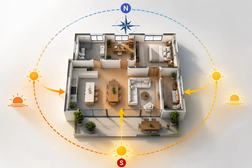 Plano 3D de una vivienda mostrando la orientación norte, sur, este y oeste para explicar cómo influye la luz natural en el confort y la eficiencia energética del hogar.