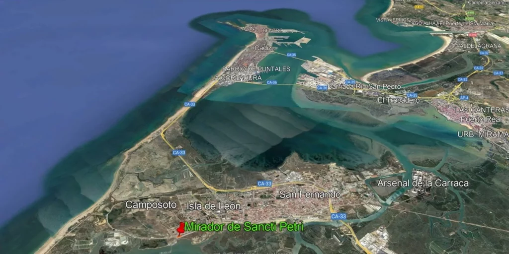Vista aérea de San Fernando y la Bahía de Cádiz con la ubicación de Mirador de Sancti Petri señalada cerca de Camposoto.
