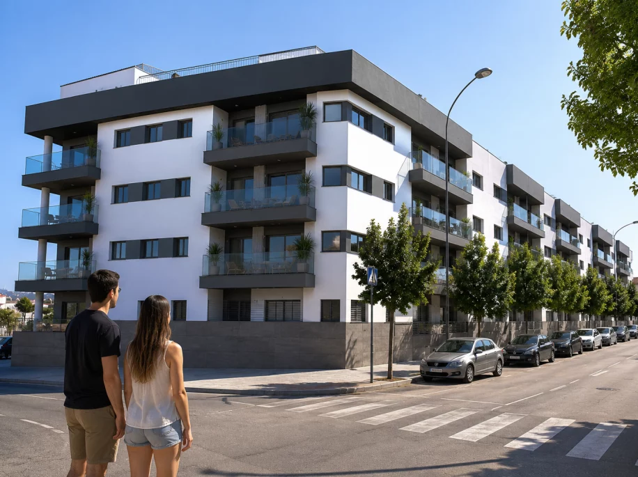Pareja observando una promoción de obra nueva durante una visita de verano antes de comprar vivienda.