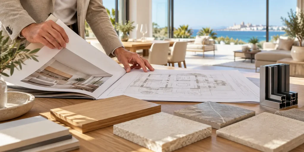 Persona revisando planos de una vivienda junto a muestras de acabados y un perfil de ventana.