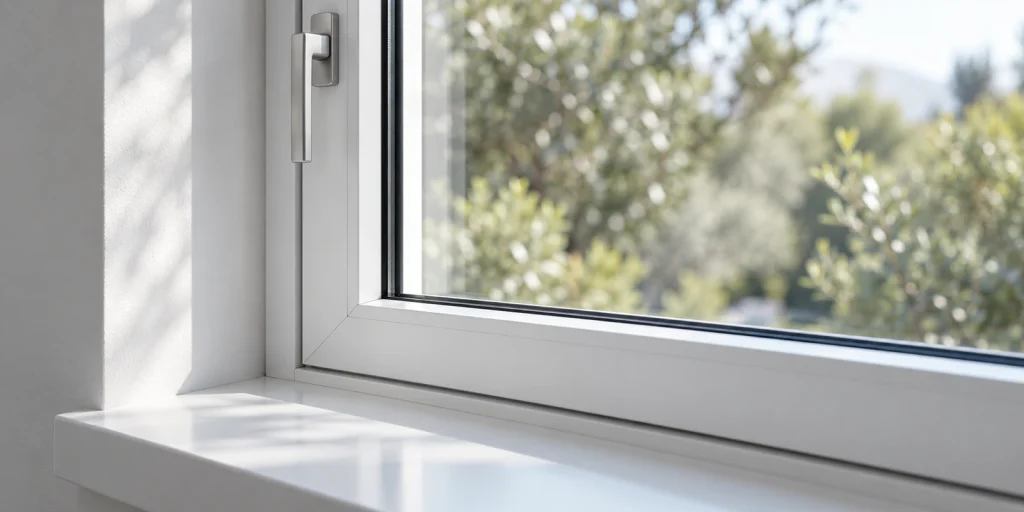 Detalle del marco blanco, la manilla y el acristalamiento de una ventana.