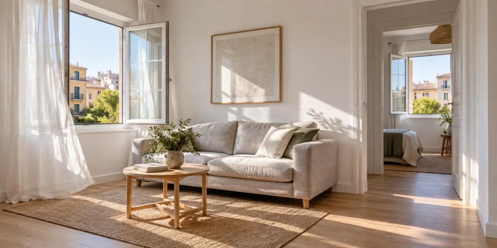 Salón con una ventana abierta y paso a un dormitorio con otra ventana abierta, que ilustra la ventilación entre estancias.